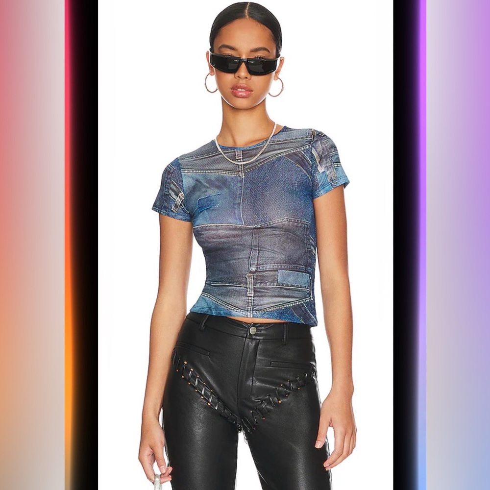 Miaou Blue Denim Print Short Sleeve Top